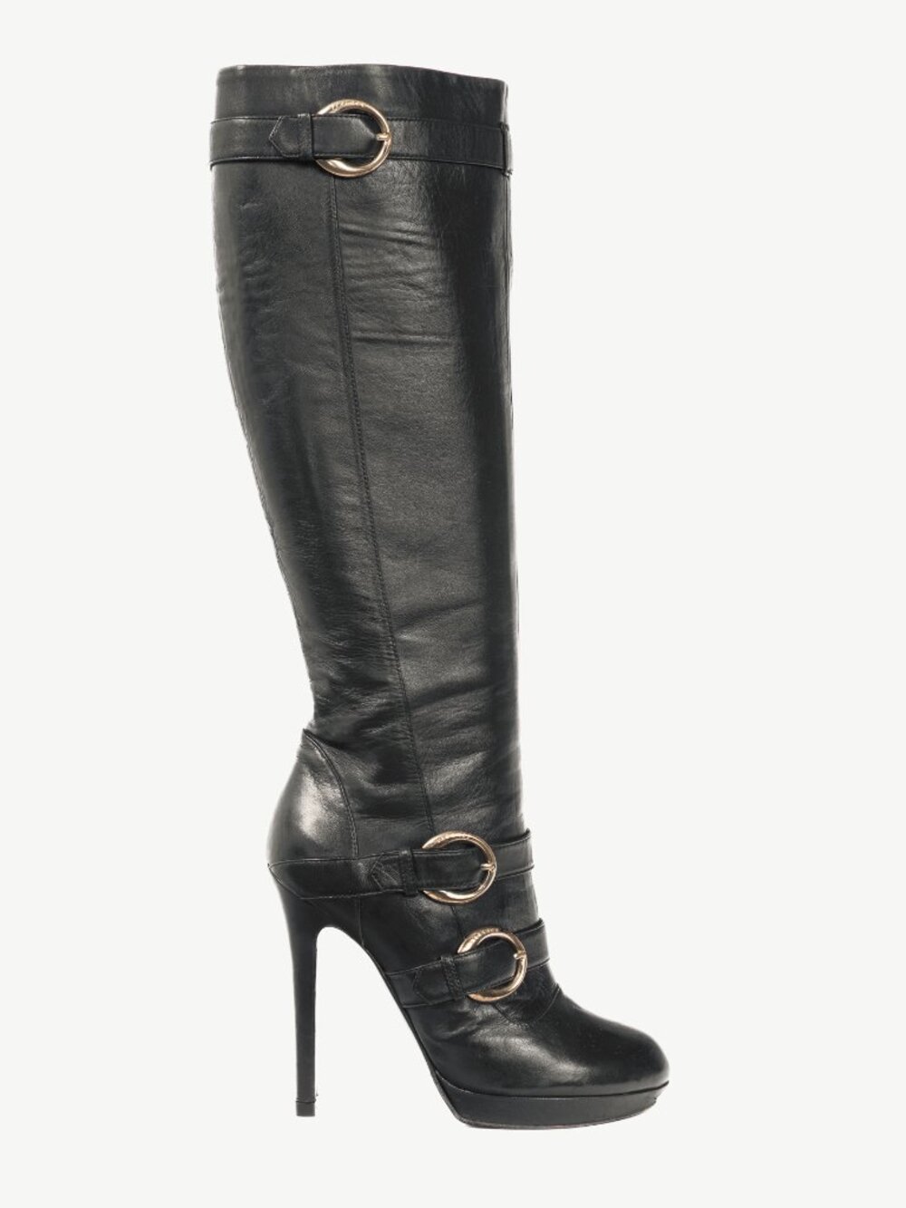 Versace Black Leather Multi-Buckle Knee-High Boots